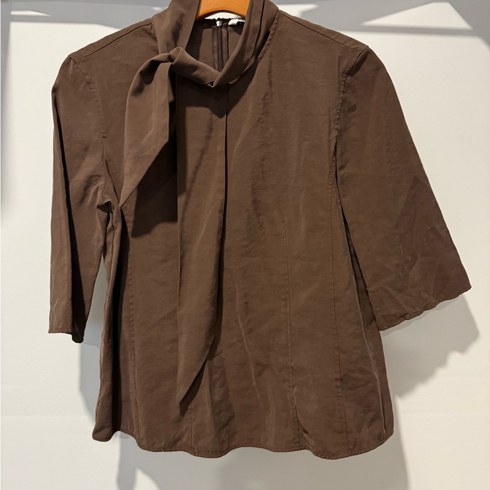 Brown Tie Front Blouse with Relaxed Fit